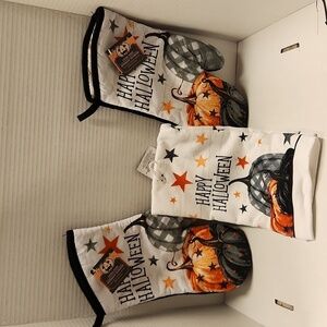 Halloween Oven Mitts Hand Towel Happy Halloween Pumpkins Set 3 NWT